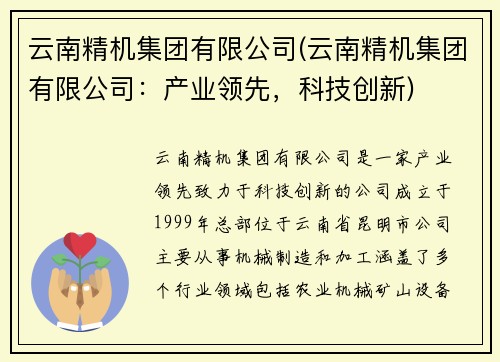 云南精机集团有限公司(云南精机集团有限公司：产业领先，科技创新)